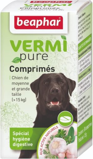 Beaphar VERMIpure Comprimidos Naturales para Combatir Parasitos Intestinales, Mejora la Digestión, Ayuda a Expulsar Parasitos Intestinales, Perros y Cachorros Medianos y Grandes