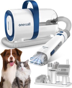 oneisall Cortapelos Perros con aspiradora de pelo, Aspira el 99% del pelo de las mascotas, máquina de corte silenciosa para perros y gatos y otras 7 herramientas de aseo