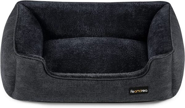 FEANDREA Cama para Perros, Sofá de Lino para Mascotas, Bordes Elevados, Fondo Antideslizante, Funda Extraíble para Lavado, Tamaño M para Perros Pequeños, 70 x 55 x 21 cm, Gris Oscuro