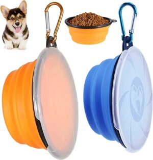 2 Piezas Viaje Cuenco Perro Plegable, Portátil Tazón de Silicona Comedero, Cuencos Plegables para Mascotas, con Mosquetón, 450 Ml y 1000 Ml, Adecuado para Viajes, Uso Doméstico